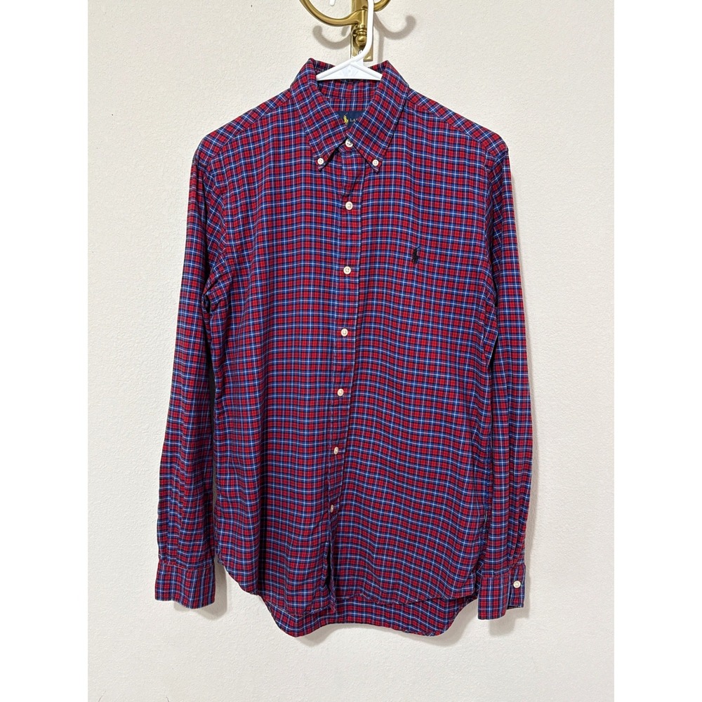 Ralph Lauren Button Down Shirt Mens Small Red Blue Plaid Cotton Long Sleeve Pony